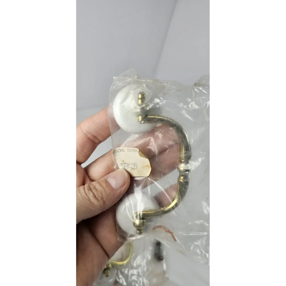 2 NOS Brass Bail Drawer Pulls White Porcelain Knobs Vintage Style 3